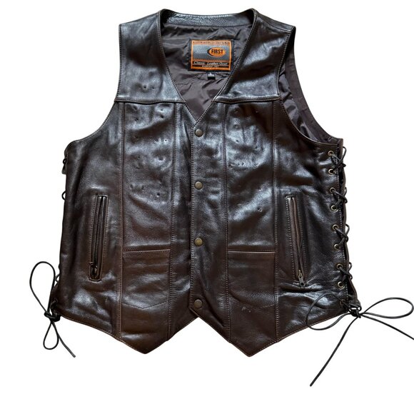 First Classics Leather Gear Motorcycle Biker Vest Mens Large Dark Brown Gothic - Picture 2 of 9